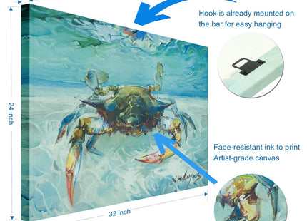 JZLDZS Large Ocean Life Blue Crab Wall Art, Teal, 24x32 Inch Framed