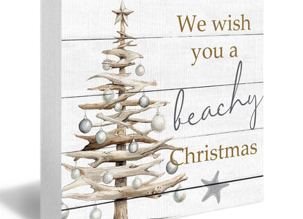 DUXMNAMG We Wish You A Beachy Christmas Wood Box Sign, Starfish Beach Desk Shelf Decor, Coastal Christmas Decor, Xmas Coastal Holiday Wooden Block Plaque Box Sign for Home Office Table Decorations