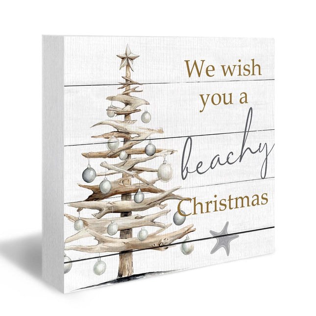 DUXMNAMG We Wish You A Beachy Christmas Wood Box Sign, Starfish Beach Desk Shelf Decor, Coastal Christmas Decor, Xmas Coastal Holiday Wooden Block Plaque Box Sign for Home Office Table Decorations