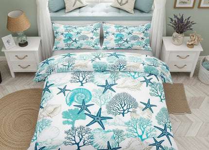 Homewish Coastal Style Bedding Sets Full Size,Shell Coral Starfish Duvet Cover Set 3Pcs for Kids Girls Boys Teens Room Decor,Ocean Beach Comforter Cover Sea Blue Nautical Quilt Cover,2 Pillowcases