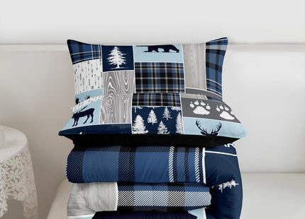 Hunting Bear Deer Quilt,Christmas Buffalo Plaid Comforter Set Twin Size Rustic Cabin Patchwork Duvet Sets For Kids Boys Teens Adult,Farmhouse Cowboy Woodland Bedding Set,1 Pillow Case,Blue Grey