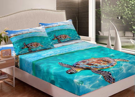 Sea Turtle Bedding Set Marine Life Printed Sheet Set Teal Sea Hawaiian Turtle Pattern Fitted Sheet, Boys Teens Girls Tortoise Fitted Bed Sheets Ocean Beach Theme Fitted Sheet Deep Pockets, Twin XL