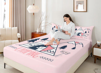 Manfei Happy Camping Campers Fitted Sheet Twin, Tent Pines Bear Sketch Bedding Set, Happy Outdoors Natural Bed Cover 2Pcs for Kids Teens Adults Room Decor,Rustic Pink Bed Sheet Set with 1 Pillowcase