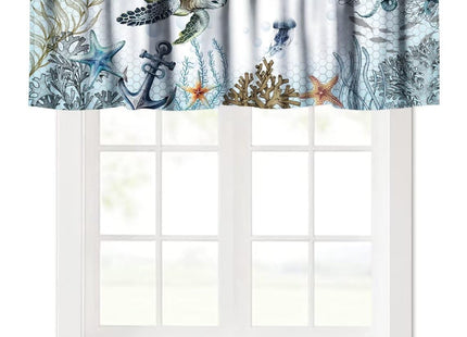JanJCurt Sea Turtle Valance, Blue Teal Ocean Octopus Underwater Animal Seashell Jellyfish Coastal Fish Nautical Print Blackout Short Window Curtains for Kitchen Bedroom Living Room, 54x18in