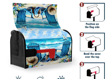 Ancordivo Summer Beach Mailbox Covers Magnetic Standard Size 21 x 18 Inch Nautical Coastal Blue Ocean Seagull Sailboat Chairs Mailbox Wraps Post Letter Box Cover for Garden Yard
