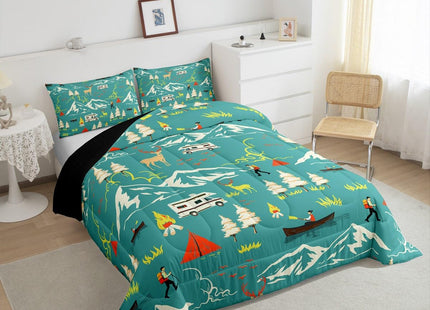 Kids Camping Comforter Set Twin Size, Farmhouse Camper Car Bedding Set, Deer Wild Animals Bedding Comforter Sets, Mountain Adventure Down Comforter, Firemen Woodland Duvet Insert, 2Pcs Green