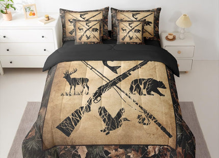 Erosebridal Hunting and Fishing Comforter Set Full 7 Piece Tree Camo Bedding Set with Sheets for Kids Adults Woodland Wildlife Bass Fish Duck Bear Deer Bed in A Bag Rustic Farmhouse Cabin Bed Set