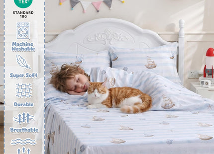 Ocharo Sailboat Bed Sheet Set Full Size for Kids,Blue Nautical Theme