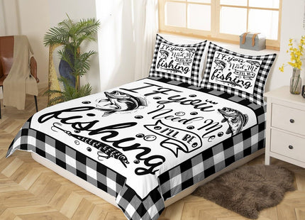 Pike Fish Duvet Cover, Hunting Fishing Comforter Cover for Kids Boys Teens Adult, Black White Geometric Plaid Grid Bedding Set Ocean Animal Sealife Quilt Cover with Zipper Corner Ties, Full