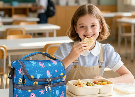 FlowFly Double Decker Cooler Insulated Lunch Bag Large Tote for Boys, Girls, Men, Women, With Adjustable Strap (Blue-Mermaid)