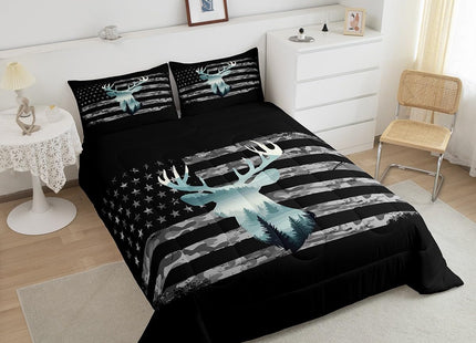 Feelyou Camo Hunting Bedding Set - Twin Size, Forest Smoky Deer Comforter, American Flag Duvet Set with 1 Pillow Case