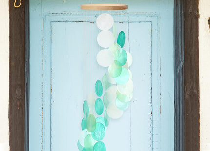 Wenqik Sea Glass Shell Wind Chimes for Outside Seaglass Capiz Windchime Spiral Wind Chimes for Women Beach Holiday Summer Gift Indoor Outdoor Home Housewarming Garden Decor(Light Blue)