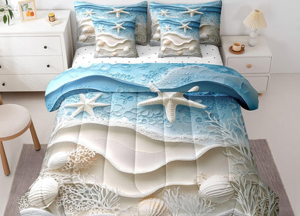 Erosebridal Ocean Beach Twin Comforter Set 7 Piece Coastal Nautical Bedding Set with Sheets Starfish Coral Shell Bed in A Bag for Kids Boys Girls Sea Waves Bed Set Beige Blue Bedroom Decor