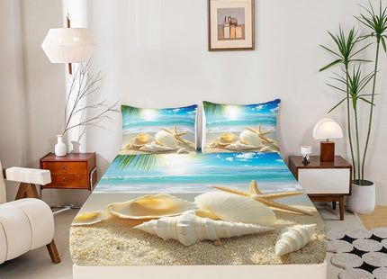 Erosebridal Beach Themed Sheets Blue Ocean Bed Sheets King Seashell Starfish Printed Sheet Set Beach Coastal Fitted Sheet for Kids Teens Adults Soft (1 Flat Sheet + 1 Fitted Sheet + 2 Pillowcases)