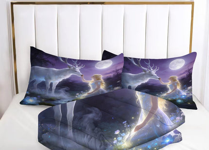 kxry Soft Easy Care Microfiber Bedding Sets Angel Girl and White Deer Forest Flower Comforter Set 2 Pieces of Moon Lightweight Quilt for Kids Teen Girls Twin Size