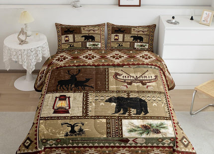 Retro Cabin Queen Comforter Set,Woodland Wildlife Bear Moose Deer Silhouette Quilt for Men Women Adults,Bohemia Wooden Canoe Duvet Insert Southwest Exotic Aztec Patchwork Decor Bedding Set,Brown