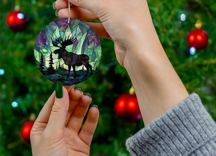 HYPESTYLE Northern Lights Christmas Moose Ornament, Holiday Present Idea, Heirloom Keepsake, Round Ceramic Ornament for Tree, Winter Reindeer Decoration