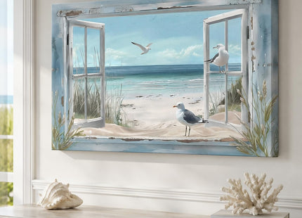 Beach Canvas Wall Art, Ocean with 3D Beach Window Pictures, Coastal Bird Seascape Canvas Prints Artwork, Nature Coastal Scenery Painting for Living Room Bedroom Bathroom Office Home Decor 12x18 Inch