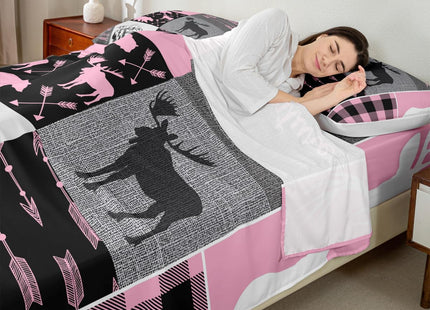 Rustic Camping Sheet Set For Boys, Hunting Elk Deer Bed Sheets Full Size Buffalo Plaid Patchwork Fitted Sheet + Lodge Woodland Farmhouse Flat Sheet For Kids Teens Adult Bedroom Decor,Pink Black Grey