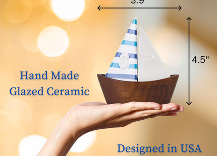 UNEAK -Handcrafted Ceramic Cute Sailboat Salt And Pepper Shaker with Cherry Wood Base/Boat Elegant (2 Pcs Set) Gift Shakers Set Compact Cooking, Kitchen and Dining Room, Classic, Refillable
