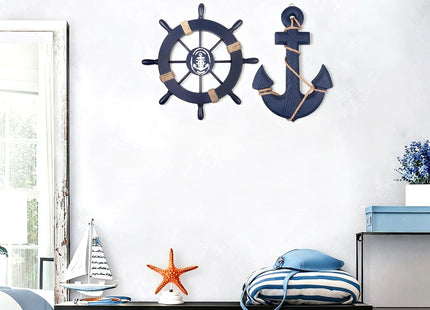 Meching 2 Pack 11" Nautical Beach Wooden Ship Wheel and 13" Wooden Anchor with Rope Nautical Boat Steering Wheel Rudder Anchor Wall Art Decor Door Hanging Ornament Beach Theme Home Decoration(Blue)