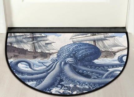 Half Round Doormat Non-Slip Area Rug, Blue Nautical Octopus Huge Ocean Kraken Circle Door Mats Entryway Floor Rug Indoor for Kitchen Living Room Bathroom,36 x 24 Inch