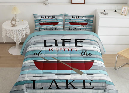 Lake House Comforter Set Twin, Paddle Boat Bedding for Kids Girls Lake Lovers, Rustic Farmhouse Style Down Comforter, Retro Wooden Board Duvet Insert, Home Decor, Dark Red Blue