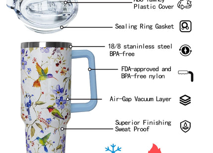Ceovfoi 40 oz Hummingbird Tumbler with Handle Lid and Straw,Hummingbird Stainless Steel Coffee Tumbler Mug Cup Watter Botter,Bird Gifts for Bird Lovers Women, Hummingbird Stuff/Accessories