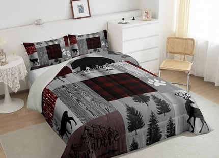 Castle Fairy Black Bear Comforter Set Twin,Hunting and Adventure Bedding Set Wild Deer Animal Quilt Set for Kids Teens Adults Room Decor Rustic Cabin Plaid Duvet Insert with 1 Pillowcase Grey and Red