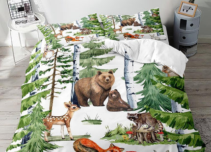 LUVIVIHOME 2PCS Deer Bear Duvet Cover Twin, Toddler Baby Boys Girls Kids Bedding Set, Cute Fox Rabbit Racoon Owl Green Forest Animals White Comforter Quilt Cover, Woodland Nursery Decor, 1 Pillow Sham