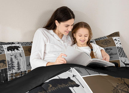 Erosebridal Rustic Patchwork Twin Comforter Set for Boys, Retro Country Farmhouse Quilt Cabin Room Decor, Western Deer Bear Bedding Woodland Wildlife Adventure Camping Duvet Insert, Gray Brown
