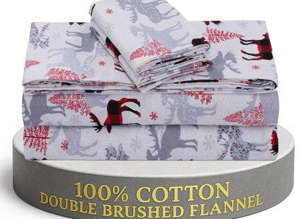 Feather & Stitch 100% Cotton Flannel Full Sheet Set, 4 Piece Brushed Cotton Flannelette Flat Sheet, Winter Fitted Sheet, Heavy Weight Bedding, 16" Deep Pocket, 2 Pillow Cases (Red Deer)