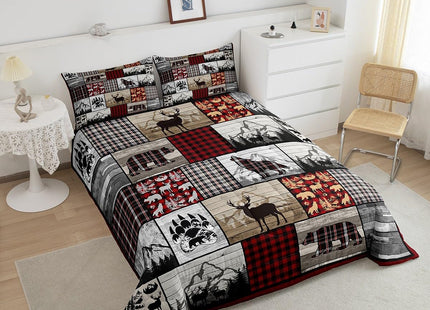 Feelyou Plaid Deer Elk Bear Wolf Comforter Set for Girls Boys Rustic Cabin Farm Forest Camping Hunting Comforter Farm Forest Bedding Set Farmhouse Lodge Duvet Set Full Size Quilt Set