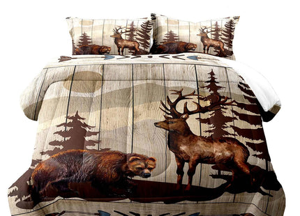 LUVIVIHOME 2PCS Brown Bear Deer Comforter Set Twin Size, Rustic Cabin Bedding, Pine Tree Forest Animal Elk Moose Wildlife Country Lodge Farmhouse Quilt, Hunting Gifts for Men Hunters, 1 Pillow Sham