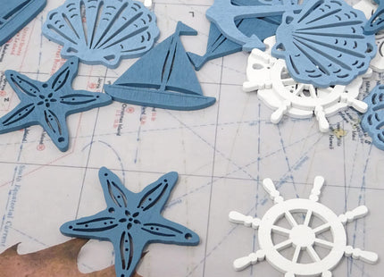 yueton 48 PCS Wooden Ocean Decoration Ornaments,Nautical Wooden Cutouts Crafts,Nautical Wood Cutout for House and Theme Parties Decoration