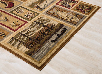 HR Cabin Rug Cabin Area Rug Modern Geometric Design Cabin Area Rug Abstract, Beige/Multicolor Design– Fishing Equipment/Hook/Fish/Duck