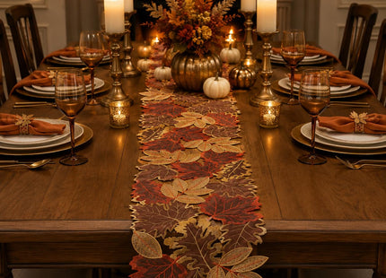 Fall Table Runner 13x69 Inches Long Autumn Maple Leaf Embroidered Runner