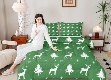 Manfei Christmas Deer Girls Bedding Set Twin Size, Snowflake Pine Tree Comforter Set，Rustic Farmhouse Xmas Quilt Comforter for Boys Teens,Green White Room Decor All Season,1 Pillowcase