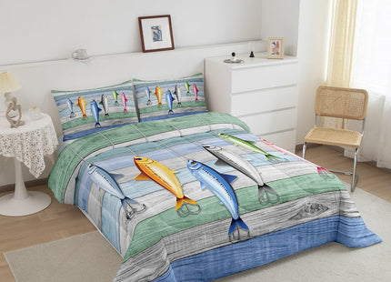 Fish Pattern Duvet Insert Twin,Kids Fish Hook Fishing Bedding Set for Boys Girls,Rustic Farmhouse Comforter Set for Bedroom Decor,Western Style Wood Barn Door Quilted Comforter with 1 Pillow Sham