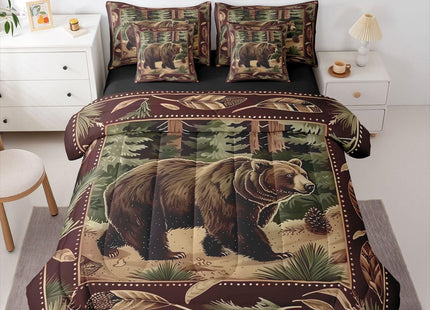 Erosebridal Rustic 7 Piece Comforter Set Queen | Farmhouse Cabin Bear Bed in A Bag Jungle Hunting Wild Animal Sheet Set Breathable Lightweight Brown Countryside Fitted Sheet Reversible