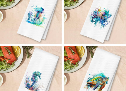 ArtisaEura Coastal Jellyfish Octopus Sea Horse Turtle Beach Hand Towels for Bathroom Set of 4, Coastal Beach Kitchen Towels, Nautical Dish Tea Towels for Kitchen Decor, Ocean Bathroom Decor, 16x24in