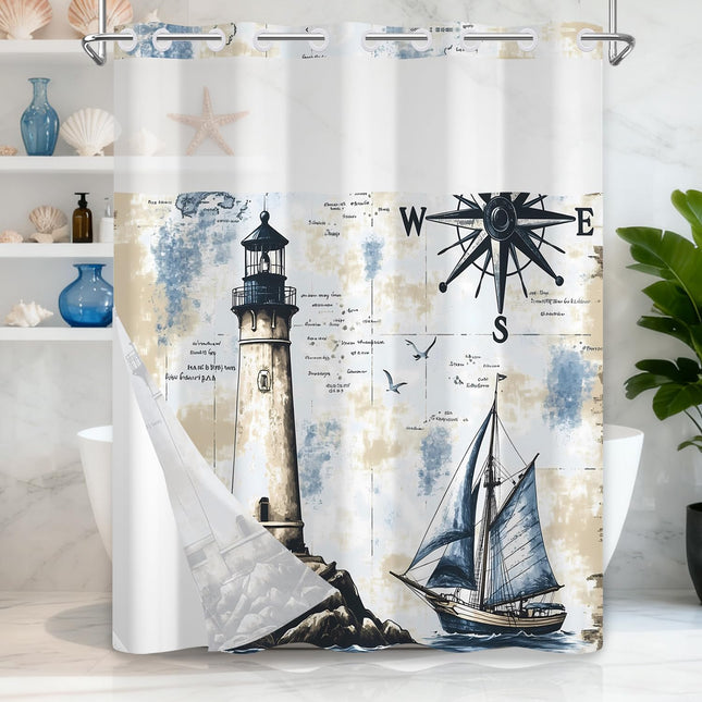 Nautical Coastal Shower Curtains for Bathroom, Waterproof Double Layers Fabric Shower Curtain and Liner Set, No Hooks Needed Ocean Vintage Lighthouse Compass Sailboat Decor Bath Curtain, 71x74 Inch