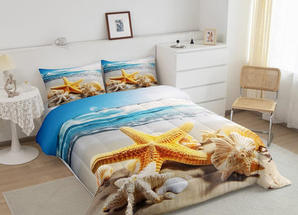 Erosebridal Coastal Beach Bedding Full Ocean Theme Comforter Set, Sea Marine Bedding Comforters & Sets Coastal Wildlife Duvet Sets, Kawaii Seashell Starfish Quilt Sets Blue Sky Decoratives 3 Pieces
