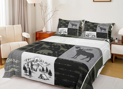 Hunting Rustic Lodge Bed Sheet Twin, Deer Bear Patchwork Sheet Set Retro Cabin Lodge Fitted Sheet For Kids Teens Adult Men, Camping Moose Elk Flat Sheet 3 Pieces With 1 Pillow Case, Grey Black