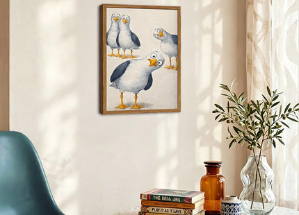 Framed Funny Seagull Bird Canvas Wall Art, Whimsical Nosy Coastal Birds Pictures Wall Decor, Cute Beach Animal Poster Prints Eclectic Home Decor for Living Room Bedroom Bathroom 12x16 inch