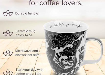 Karma Gifts, 14 oz Black and White Boho Mug, Cute Coffee and Tea Mug, Ceramic Coffee Mugs for Women and Men, Mermaid