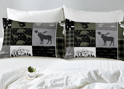 Hunting Rustic Lodge Bedding Set Twin, Deer Bear Patchwork Duvet Cover Retro Cabin Lodge Comforter Cover For Kids Teens Adult Men, Camping Moose Elk Quilt Cover With 2 Pillow Cases, Grey Black
