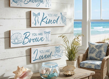 Riletese 4 Pcs Blue Coastal Wall Decor, Positive Affirmations Wall Art Decor, Inspirational Wooden Signs, Beach Boho Bow Wall Art Hanging Plaques, Perfect for Girls Bedroom, Bathroom, Living Room