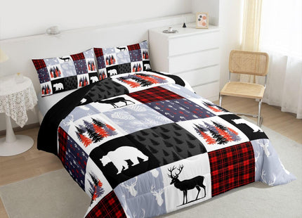 Teens Hunting Moose Deer Comforter Set,Christmas Bear Trees Vines Patchwork