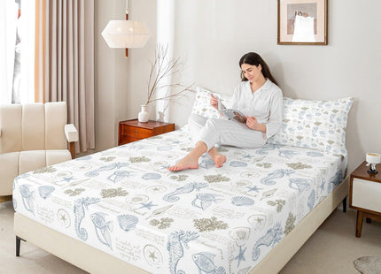 Coastal Fitted Sheet Twin Size,Beach Seashell Starfish Coral Bedding Set